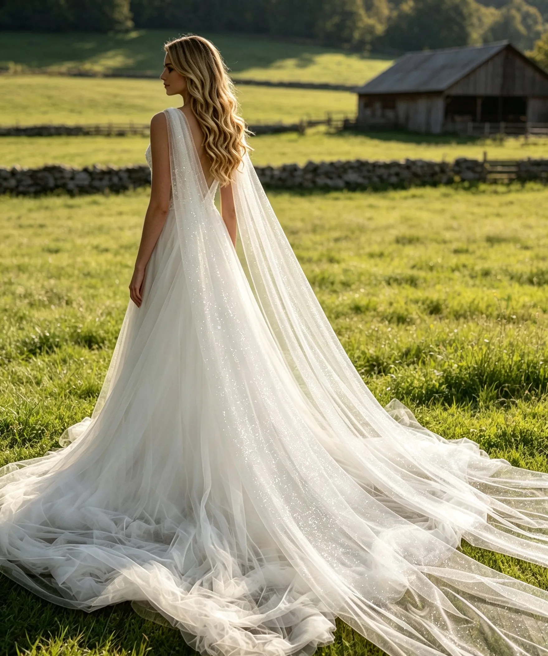 2-Piece Starlight Tulle Bridal Cape 300cm Cathedral Length Sheer Wrap with Metal Pin Minimalist Soft Wedding Ceremony Shawl GP52