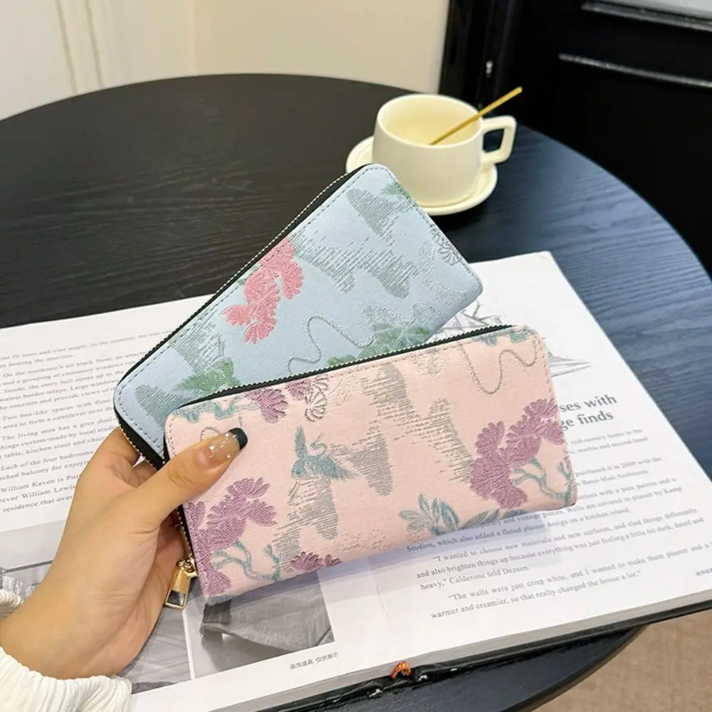 

Zipper Floral Long Wallet Multiple Card Slots Card Storage Bag Women Card Holder Handheld Chinese Style PU Leather Coin Purse
