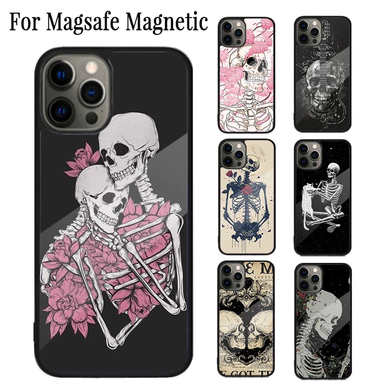 Skeleton Bones Magnetic Phone Case Coque For iPhone 16 15 14 Plus 13 12 Mini 11 Pro Max Magsafe Wireless Charging Cover Capa