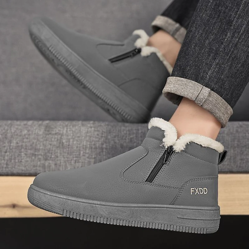 

2025 Winter Men's High Top Zipper Snow Boots Shearling Lined Fleece Warm Waterproof Anti Slip Simple Stylish Letter Cotton Shoes