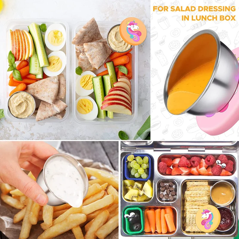 1/6PC Unicorn Salad Dressing Container Stainless Steel 304 Condiment Cup Leak-Proof Silicone Cover Lunch Bento Box Accessories