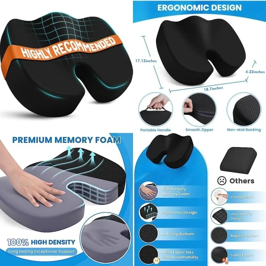

Seat Cushion, Office Chair Cushions, Car Seat Cushion, Non-Slip Sciatica & Back Coccyx Tailbone Pain Relief Chair Pad, Memory Foam Butt Pillow for Computer Desk, Office Chair(Black, XXL)