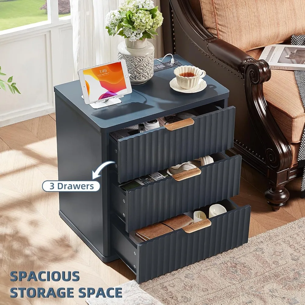 مجموعة منضدة مزرعة واسعة 23 مع قاعدة شحن، 3 أدراج، مقابض معدنية، طاولة نهاية كبيرة، طاولات ليلية زرقاء