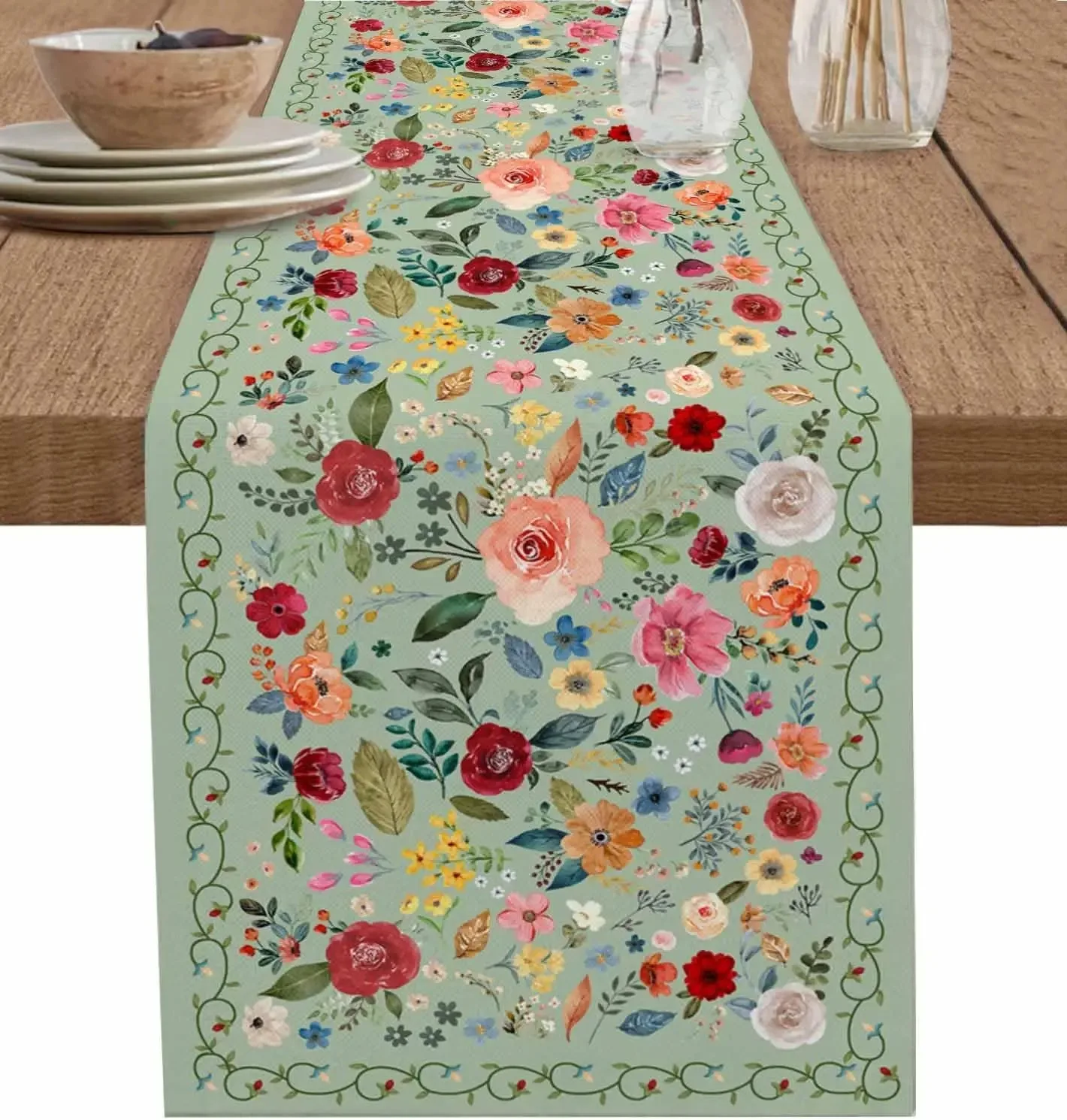 

Spring Vintage Floral Plants Green Linen Table Runner Party Decoration Farmhouse Kitchen Table Runner Gift 2026 New Year