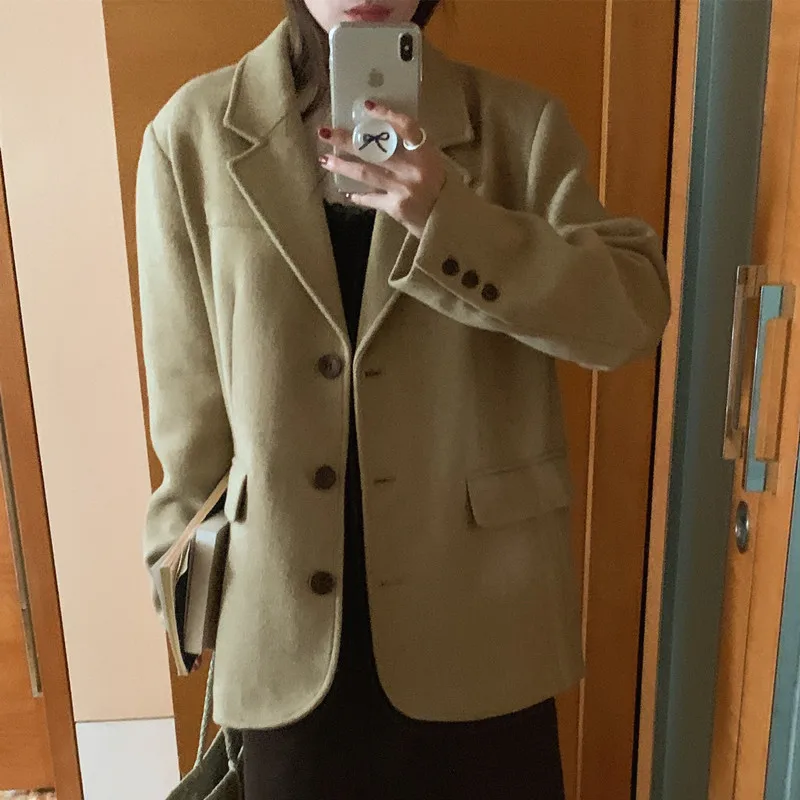 

Женский шикарный шерстяной костюм в американском стиле ретро, двубортный длинный све, повседневный деловой костюм в двух цветах для молодых женщин