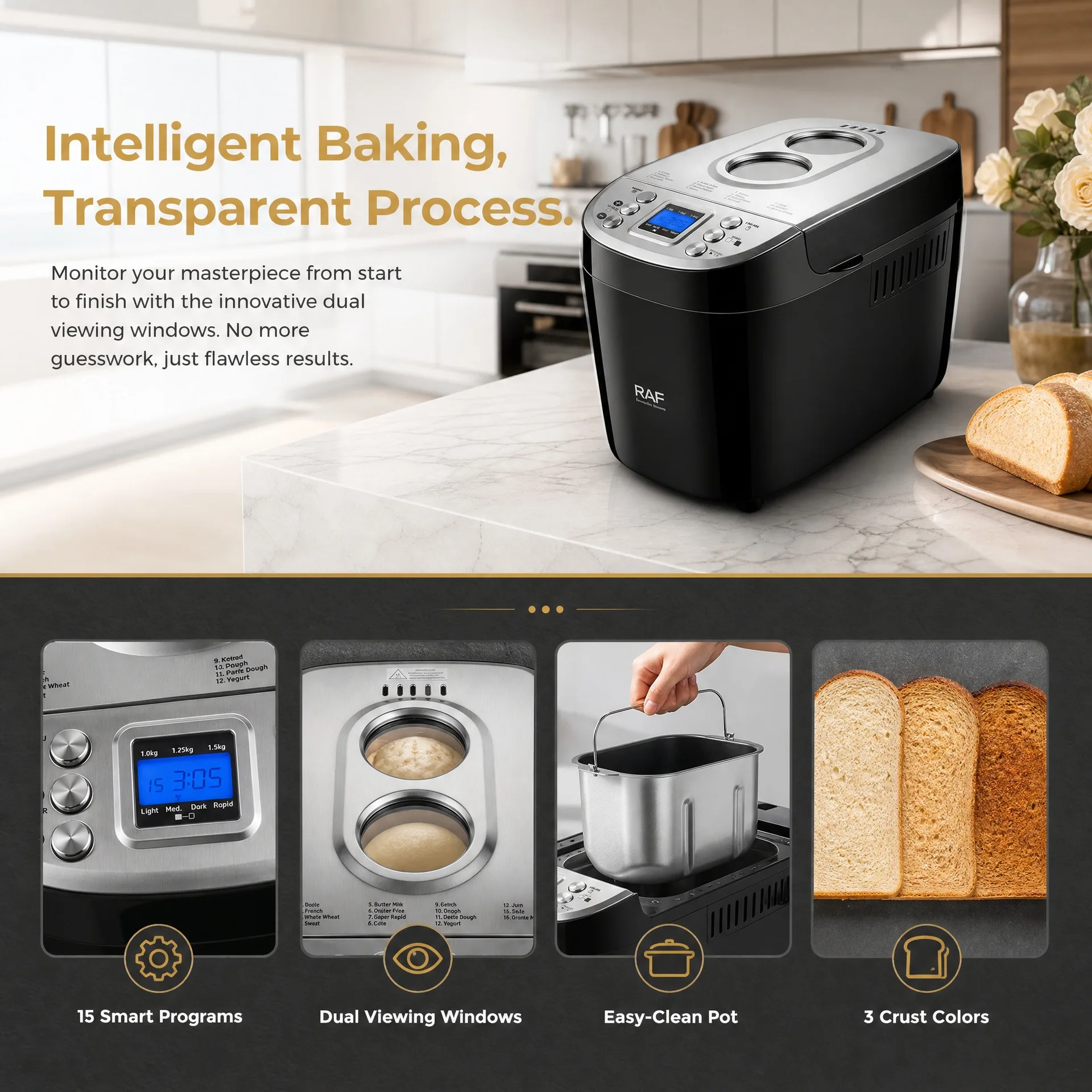 1.5kg Multifunctional Automatic Bread Machine Dough Knead Ferment Bake 3 In 1 Household Baking Maker