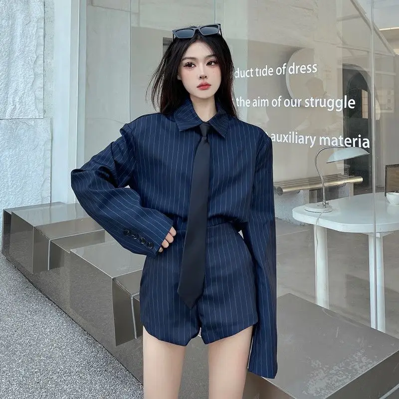 Short Sets Spring And Autumn Striped Long Sleeves Blouse Short Pants Two Piece Sets Womens Outifits Office Lady