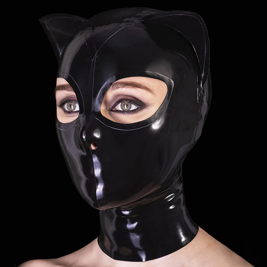 Sexy Cosplay Cat Ears Women Men Latex Fetish Hood Mask Catsuit with Back Zipper Headpiece Handmade S-LM271