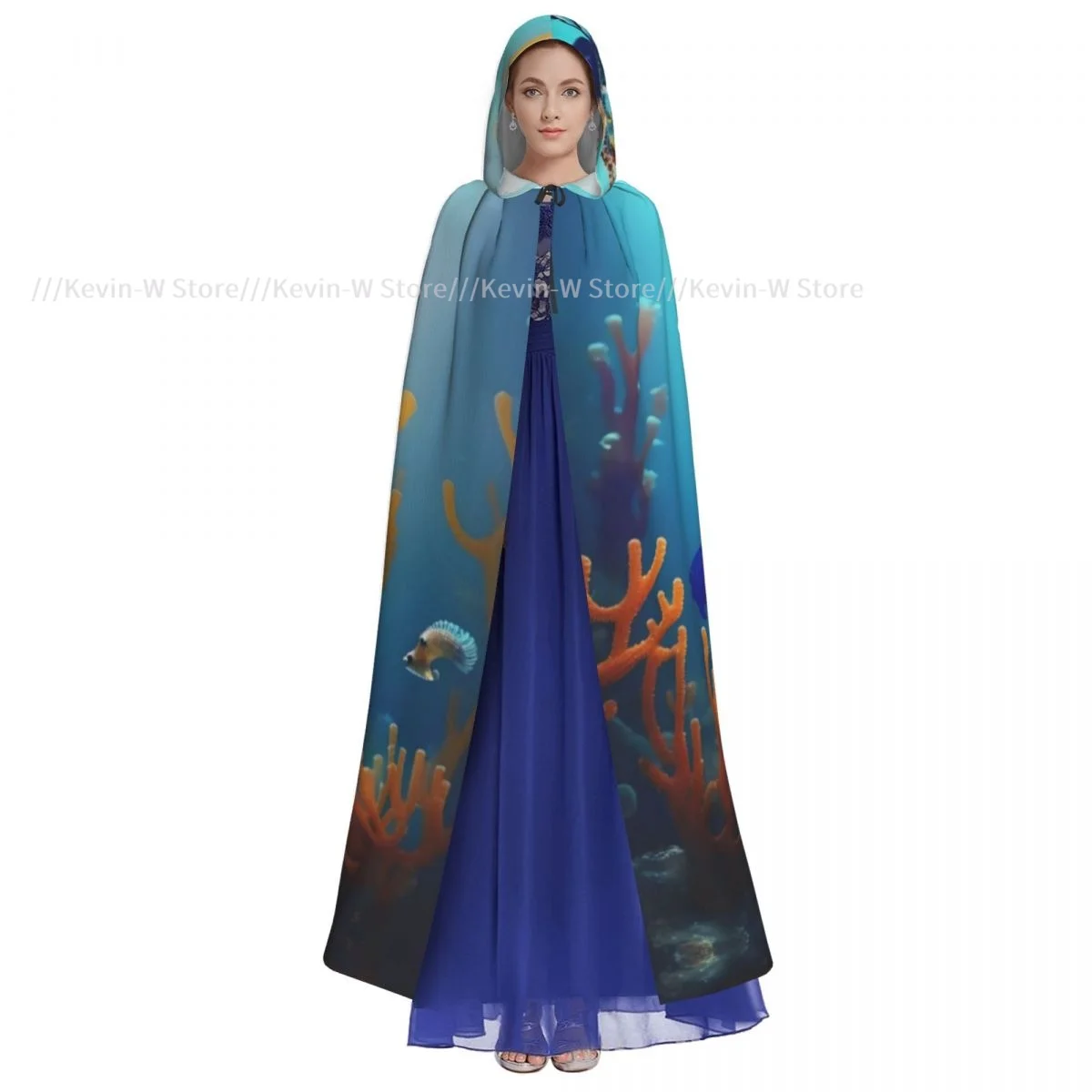 Adult Cloak Cape Hooded Sea Bottom Coral Seahorse Medieval Costume Witch Wicca Vampire Elf Purim Carnival Party