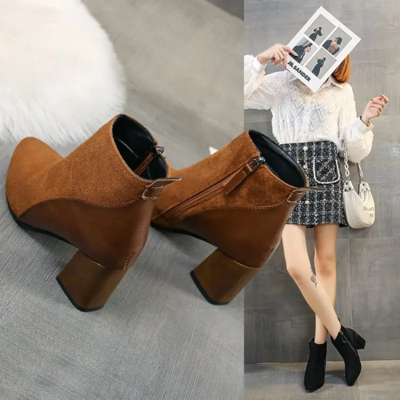 2026 Autumn/Winter Women Ankle Boots Pointed Fashion Short Boots Suede Panel Side Zipper Thick Heels Women\'s Shoes Large 44