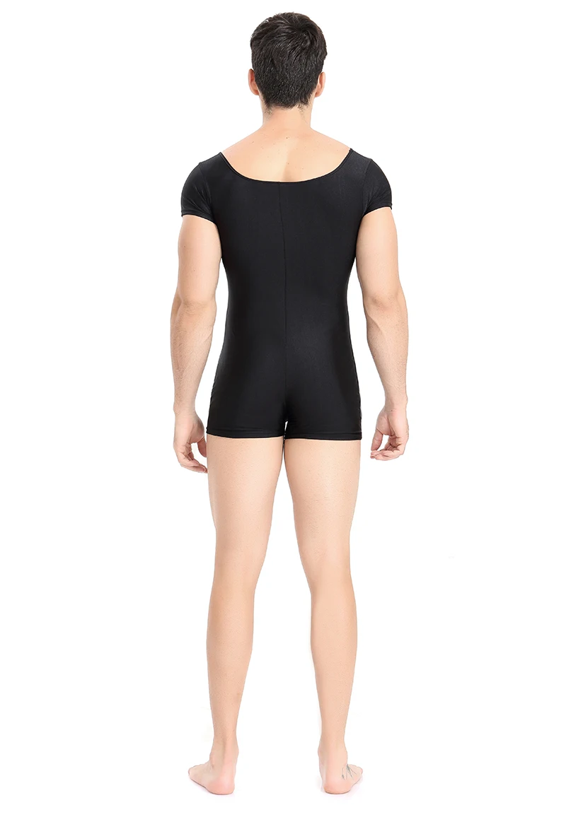 Men Bodysuit Black Ballet Unitards Gym One Piece Leotard Short Sleeve Scoop Neck Spandex Stretch Gymnastics Bodysuit Dancewear