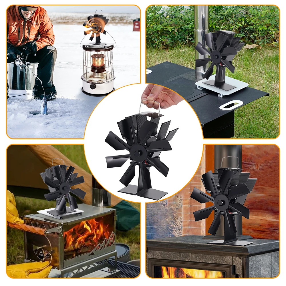Wentylator kominkowy z 8 łopatkami, akcesoria do pieca na drewno, cichy, energooszczędny, z wysokim wydajnością rozpraszania ciepła, do użytku wewnątrz, na zimę, na zewnątrz, na kemping.