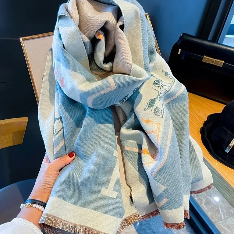 سميكة الأزرق H-Coach وشاح المرأة المألوف شتاء دافئ الكشمير مثل شال تنوعا الرقبة أدفأ لخريف وشتاء