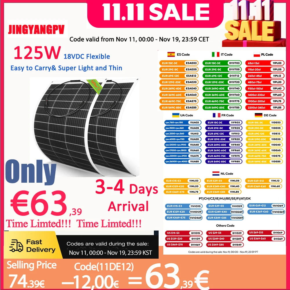

Солнечная панель Jingyang 18 В, 500 Вт, 375 Вт, 250 Вт, 125 Вт, гибкая солнечная панель, монокристаллическая батарея 18BB для зарядки аккумулятора 12 В, 24 В, 48 В