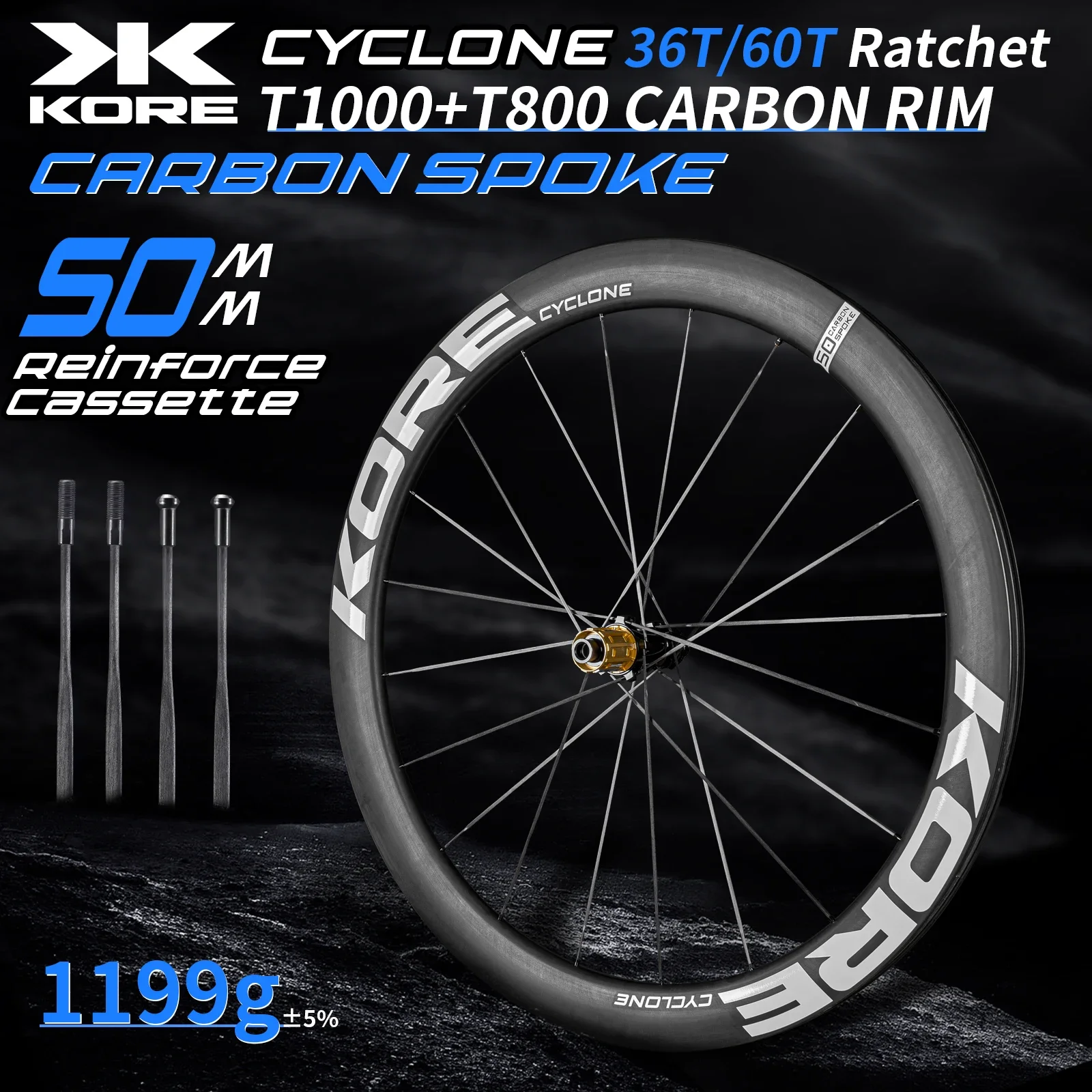 Jeu de roues en carbone KORE - 50 mm - Jantes en carbone T1000 36T/60T, moyeu à cliquet XDR/HG 700C, conçu pour des performances de course sur route ultra-légères