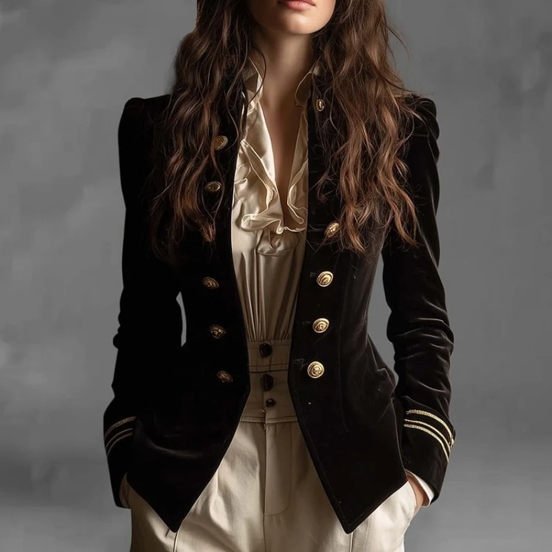 Vintage Slim Fit Velvet Suit Jacket Outerwear Lady Autumn Winter Fashion Elegant Stand Collar Blazers Coat For Women 2025 Tops