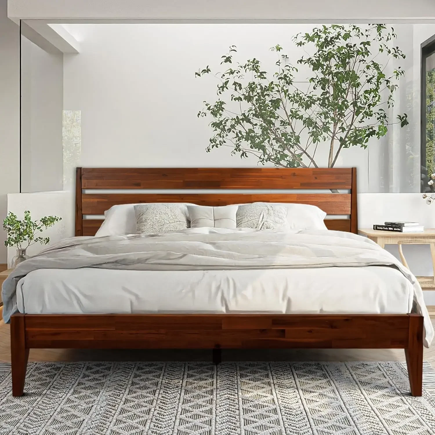 

Bed Frame with Headboard Solid Wood Platform Bed, Unique Design Contemporary Signature Wood Bed Compatible with All Mattresses