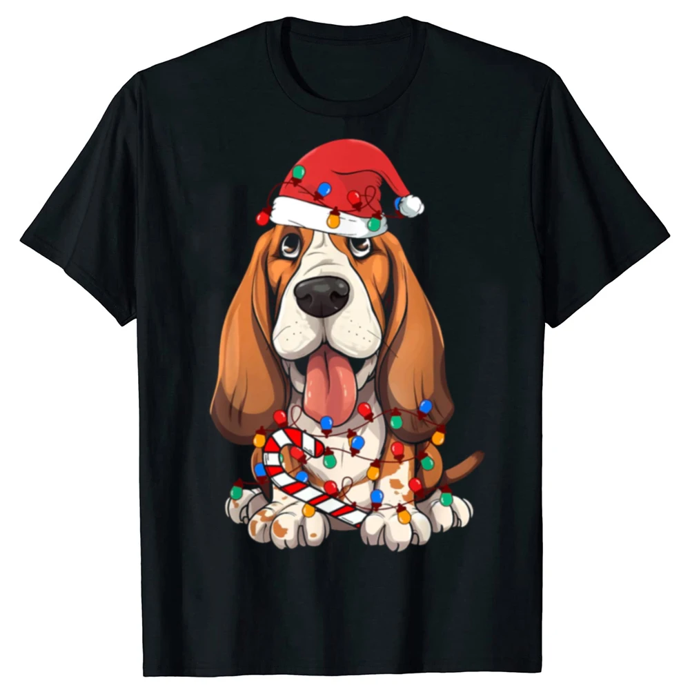 Funny Basset Hound Christmas Lights Dog Lover Xmas T-shirts Men Women Fashion Casual Tshirt 100% Cotton Loose Oversized T Shirt