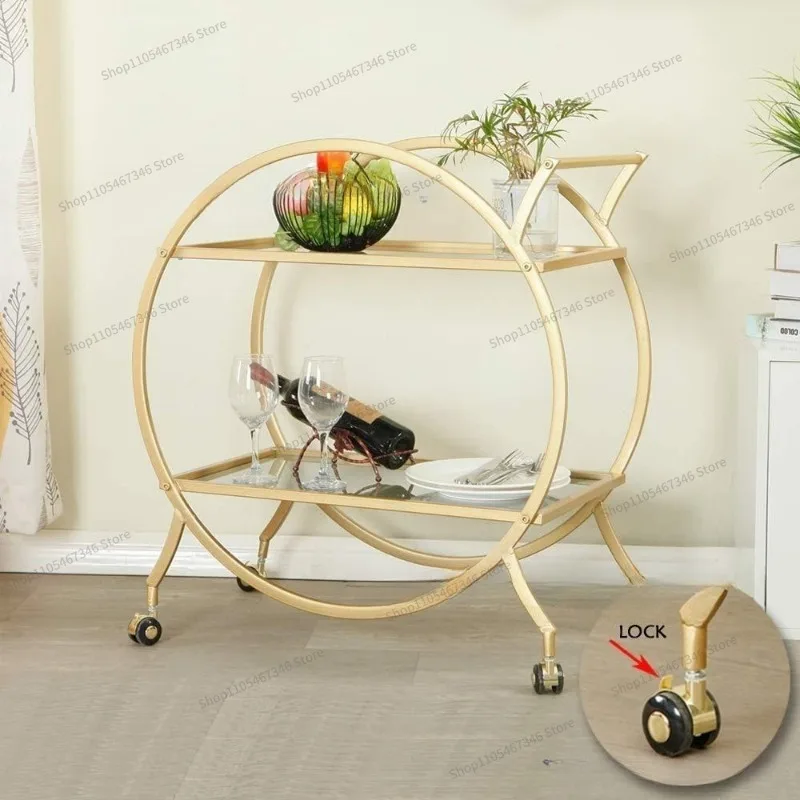 For Wrought Iron Mobile Dining Car Scene Arrangement Display Flower Stand Round Double-layer Tea Dessert Metal Trolley