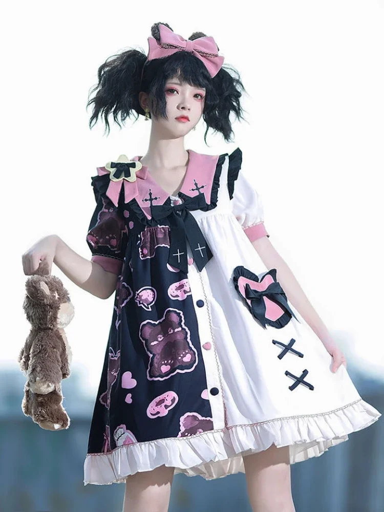 Gothic Lolita Dress Harajuku Contrast Color Patchwork Fashion Cosplay Female One Piece Dresses Japanese Kawaii Vestido