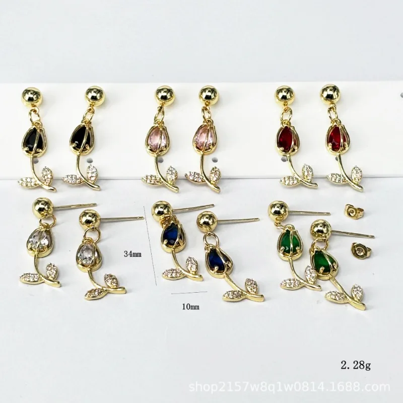 

10Pcs/Temperament Tulip Flower Stud Earrings for Women Retro Classic Copper Zircon Korea Trendy Jewelry Accessories Gift