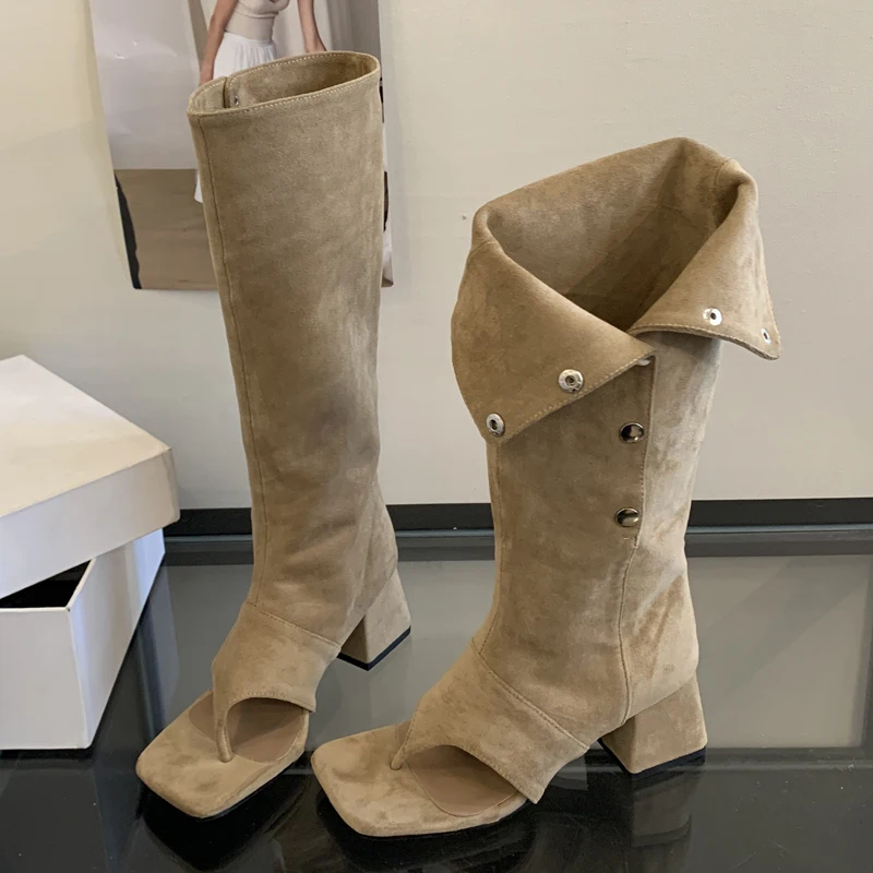 Eilyken Spring Autumn Square Clip Toe Women Knee-High Boots Sandals Fashion Vintage Low Heels Buckle Strap Shoes