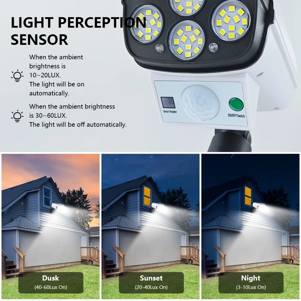 77LED Solarleuchte, Simulierte Sicherheitskamera, Bewegungssensor, Außen-Nachtlicht, IP65 Wasserdichte Lampe, 3 Modi für Haus und Garten – Detail 5