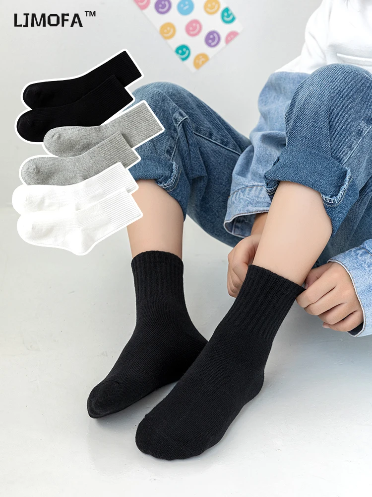 LJMOFA 5 Pairs/ Lot Pure Colour Cotton Kids School Socks Girls Boys Soft Casual Gray Black White Sports Child Toddler Socks C163