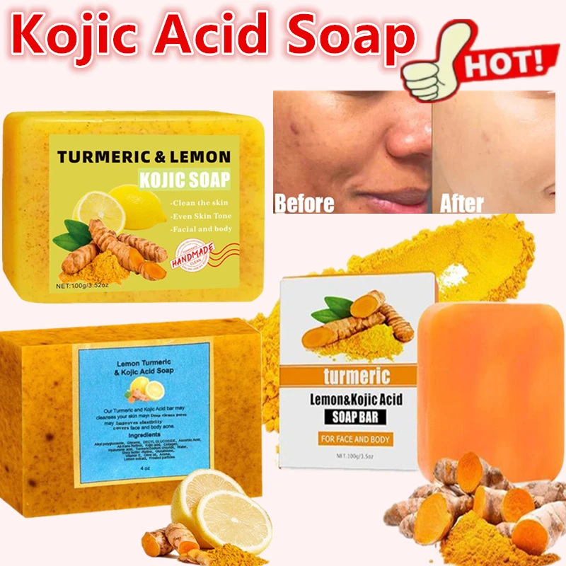 

HOT Organic Kojic Acid Lemon Turmeric Soap for Dark Spots, Turmeric Soap for Face Wash Brighten Dark Spot Corrector Skin Care