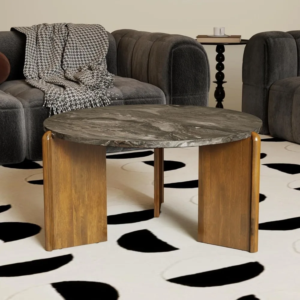 

Modern Grey Marble-Look Round Coffee Table, 32 Diameter, Center Cocktail Table for Living Room and Apartment