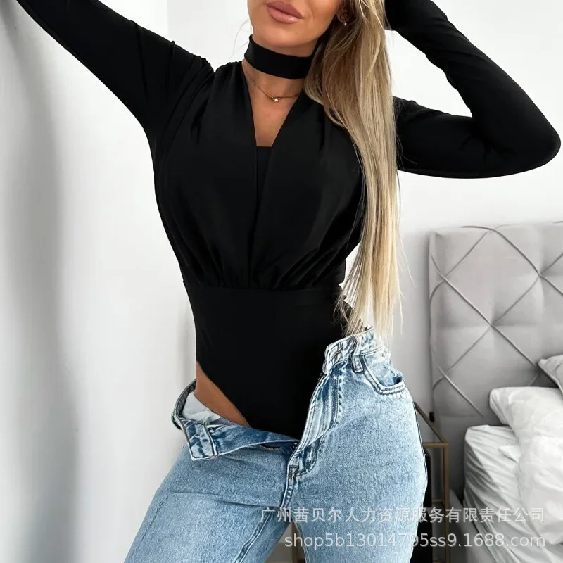 Asymmetrical Neck Long Sleeve Ruched Bodysuit Top Autumn Winter Elegant Y2K Chic Clothes V Neck Corset Slim Fit T-shirt