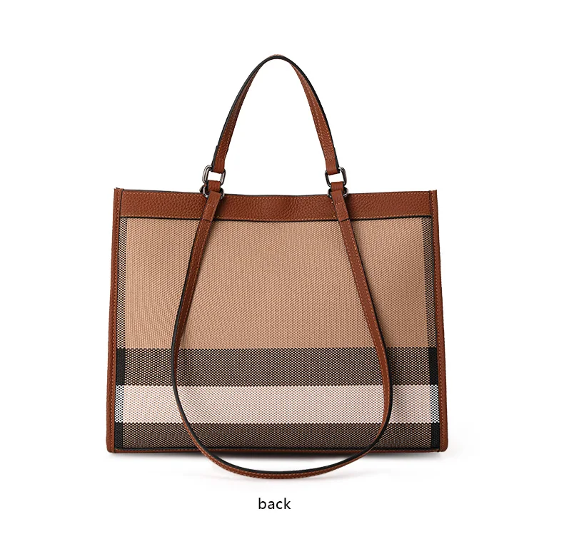 Vintage Karierte Canvas-Leder-Kombination Tragetasche Damen Handtasche mit Verschluss Große Kapazität Schultertasche für Alltag Arbeit Reise – Detail 10