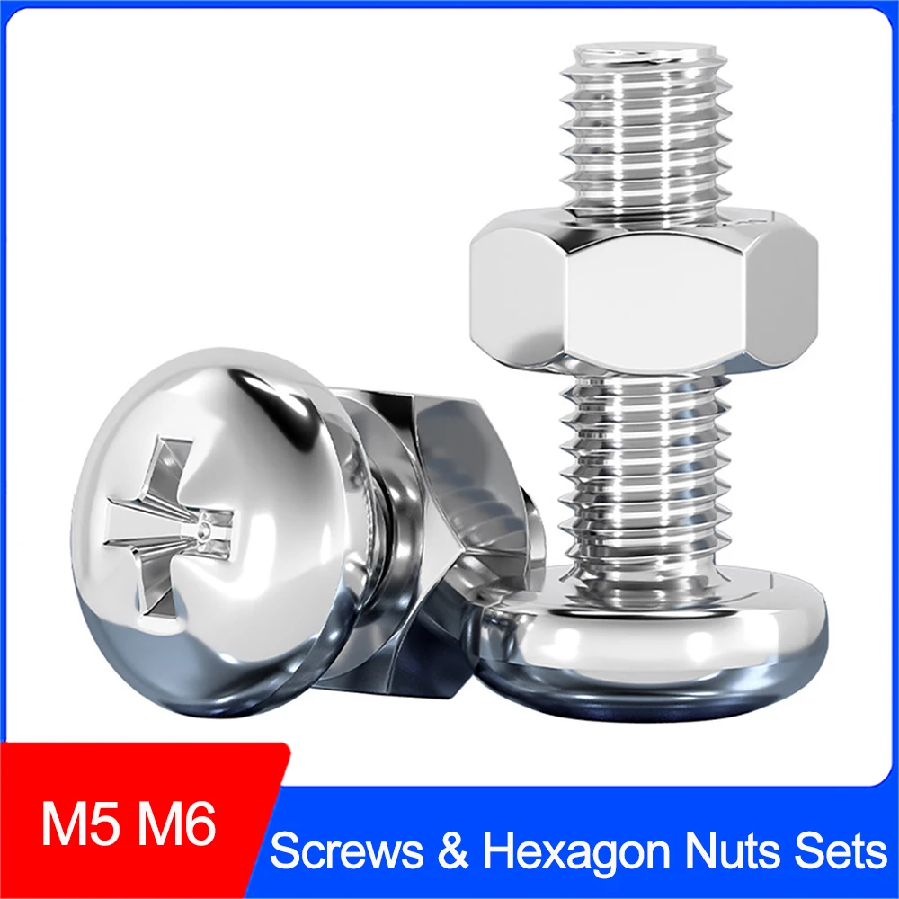M5 M6 Cross Recessed Round Pan Head Screws Hexagon Nut Combination Set Metric 304 Stainless Steel Phillips Screw Hex Nut Set