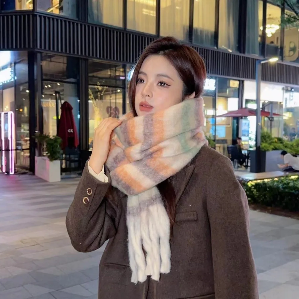 Retro Rainbow Stripe Wool Scarf Tassel Winter Cashmere Scarves Solid Color Thicken Long Shawl Autumn Winter