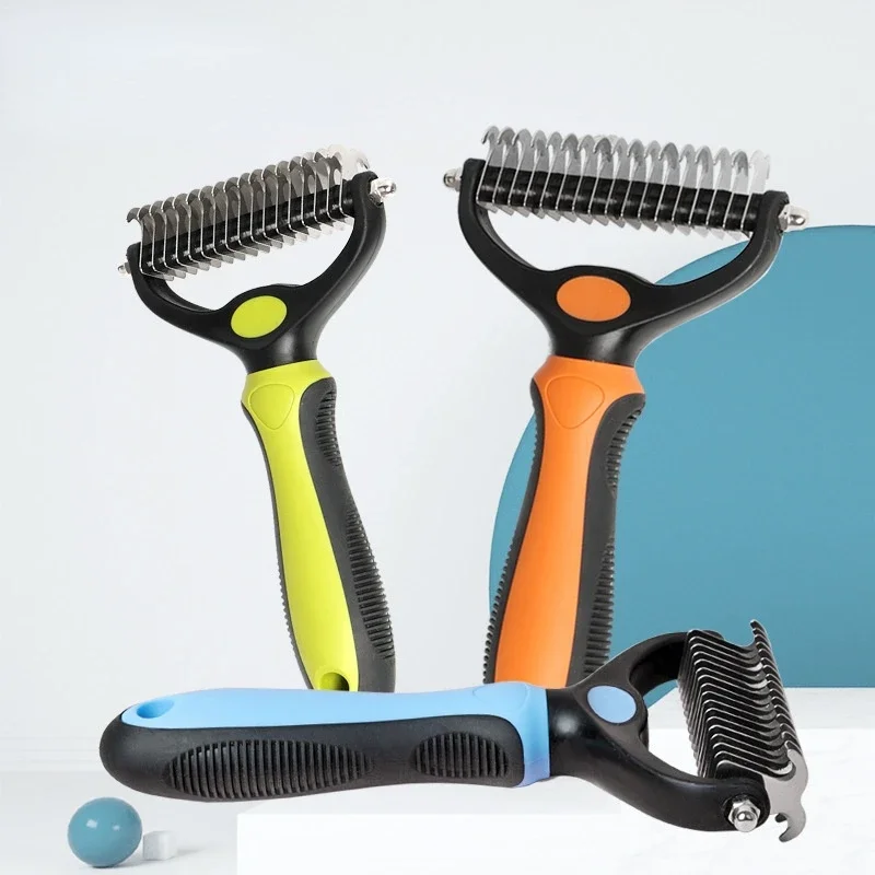 

Pet Hair Remover Grooming Brush 2 Sided Rake Dogs Cats Professional Deshedding Brush Dematting Tool Effective Removing Tangles