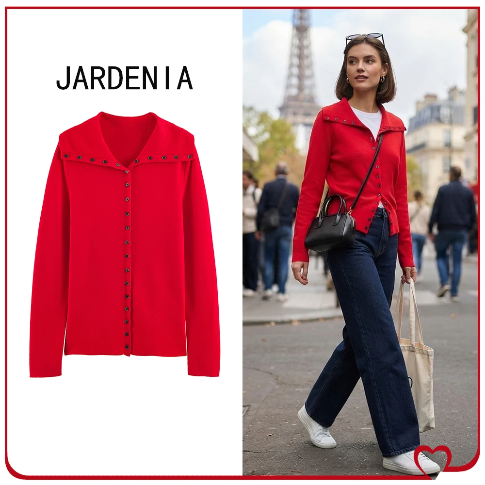 Women's Button-up Cardigan Fashion Lapel Collar and Long Sleeves Cardigan Spring & Autumn Red Cardigan with Front Button Closure