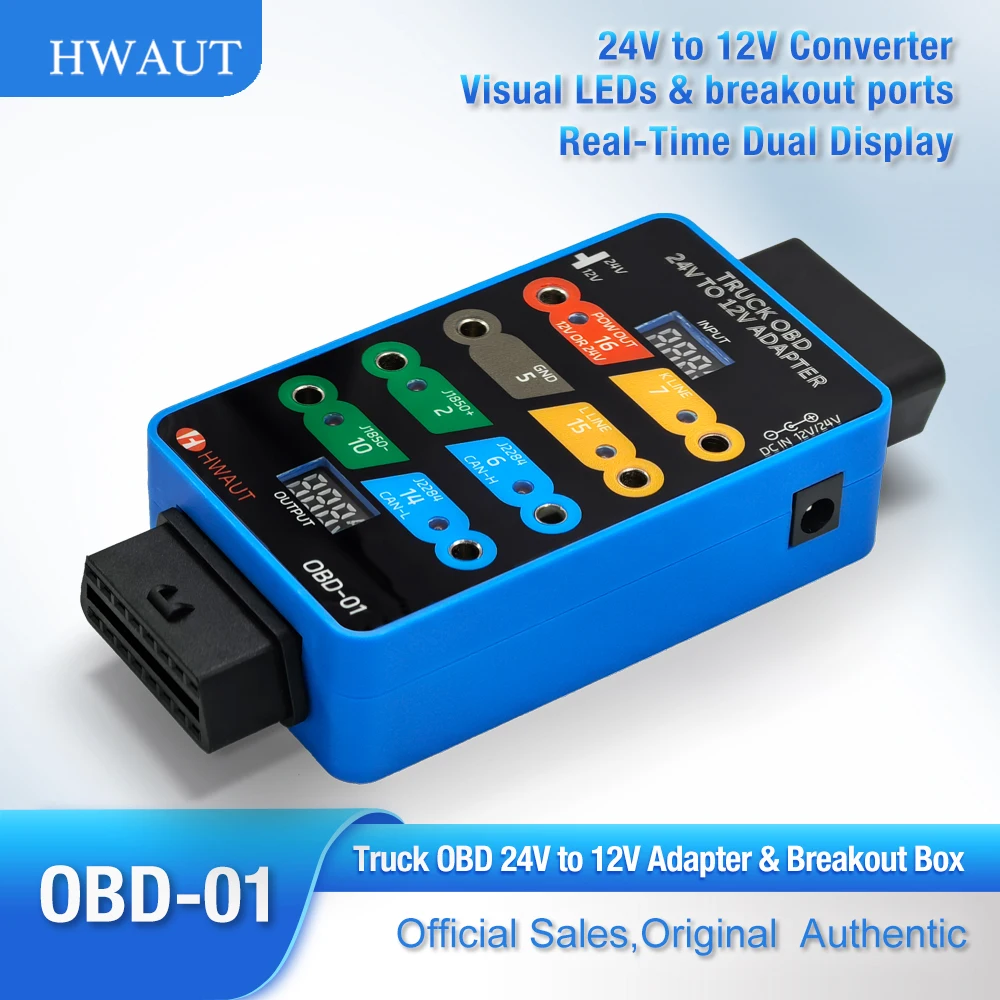 HWAUT Truck OBD2 24 В-12 В адаптер коммутационная коробка с двойным светодиодным дисплеем напряжения и тока детектор сигналов для тяжелого сканера