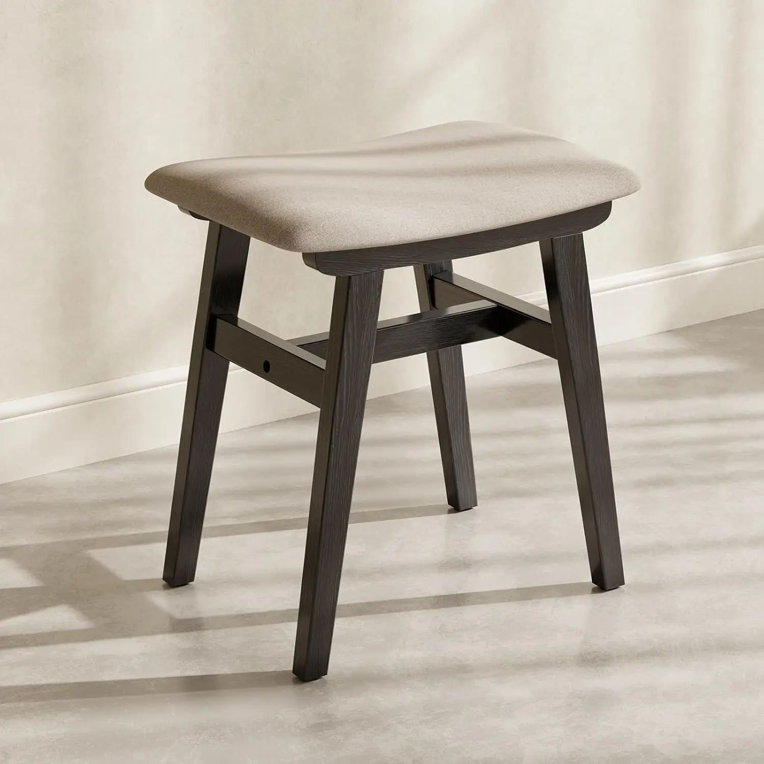 Solid Wood Vanity Stool, Compact Makeup Chair with Cushion, Linen-Covered High Rebound Sponge Seat