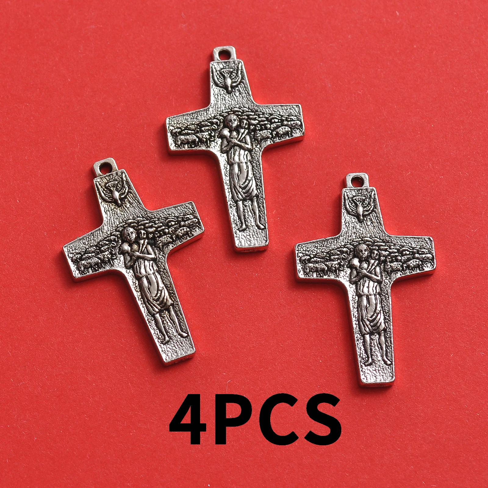 4-Piece Set of Shepherd's Cross Pendants in Two Colors, Featuring a Textured Cross with a Shepherd, Lamb, and Bird Design, Suitable for DIY Bracelets, Necklaces, and Earrings, Handmade Beaded Decoration Accessories
