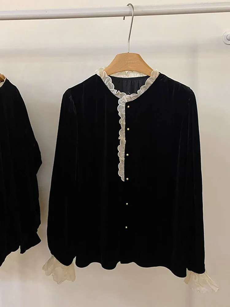 

Velvet irt Comfortable Long Sve Overhead Casual Anti-Aging Faionable Silk irt Design Sense Match All Leisure Sle