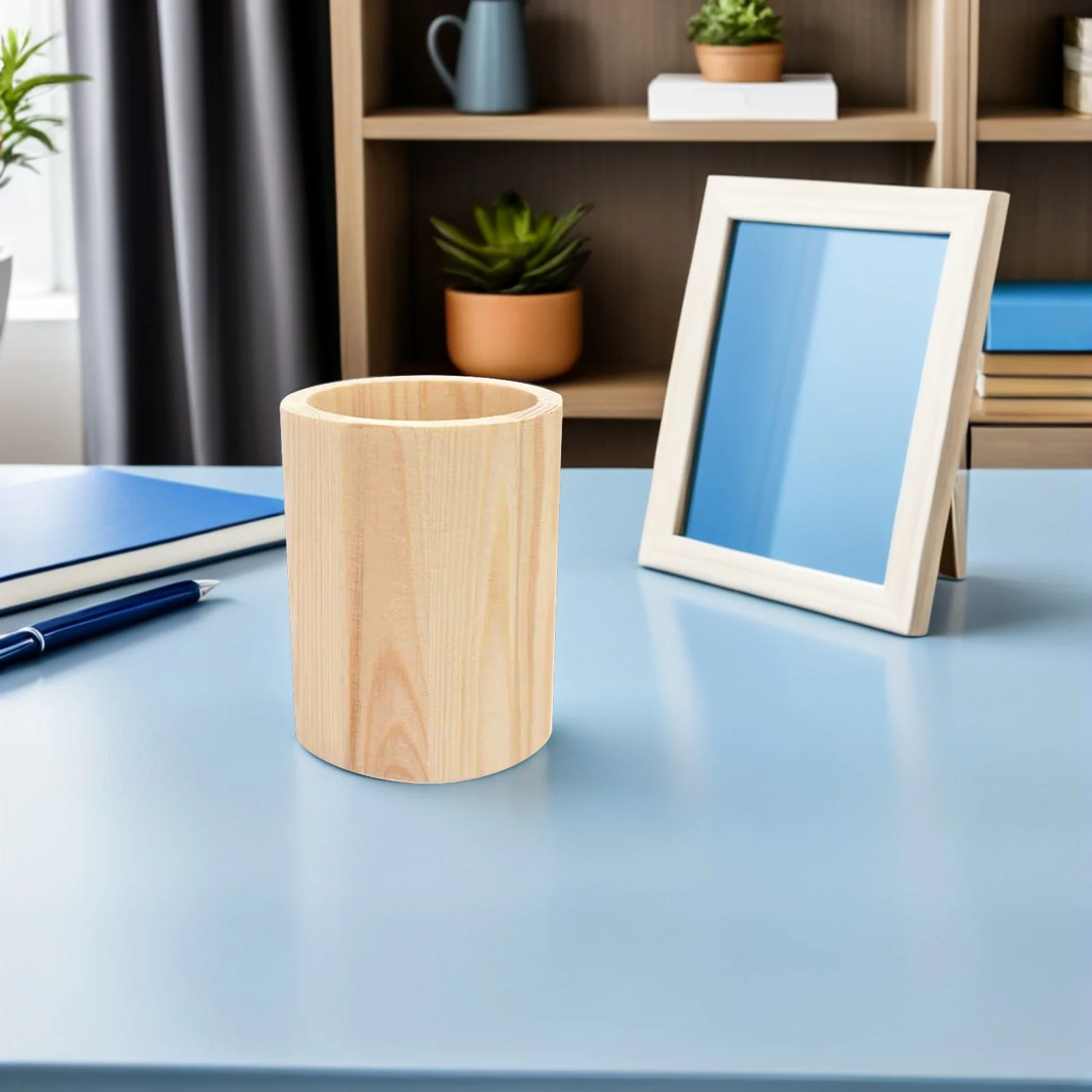 

2pcs Wooden Pen Holder Natural Wood Pencil Cup For Desktop Stationery Organizer Makeup Brush Storage Container