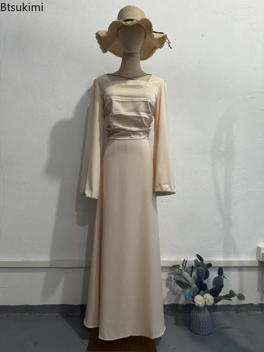2025年 エレガントなレディース サテン マキシドレス 長袖 スクエアネック バンテージ ボディコン イブニングドレス ファッション レディース パーティー ベスティダオス 新作