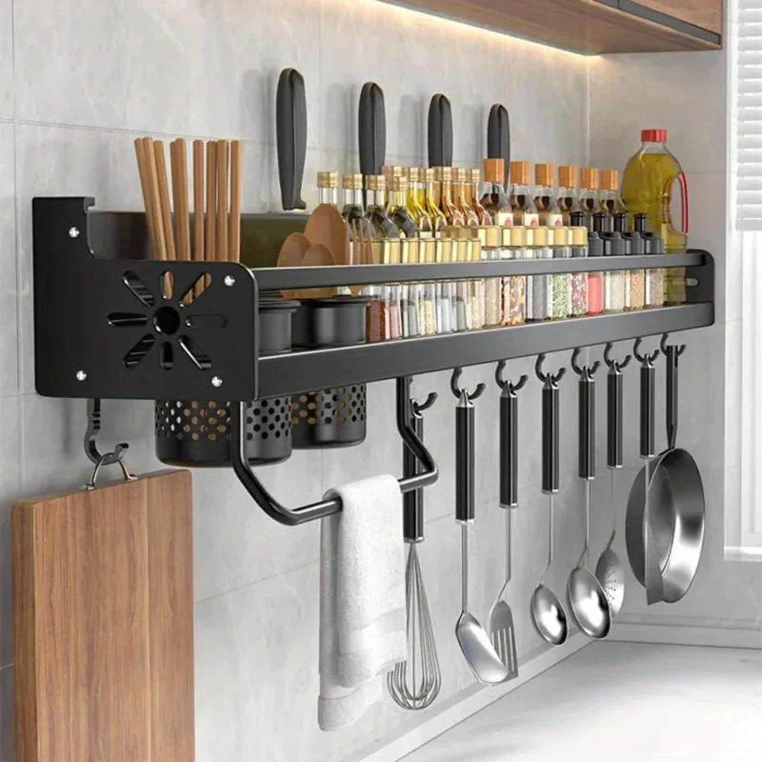 

Wall-Mounted Metal Kitchen Organizer, Spice Rack & Utensil Holder for Space-Saving Modern Kitchen