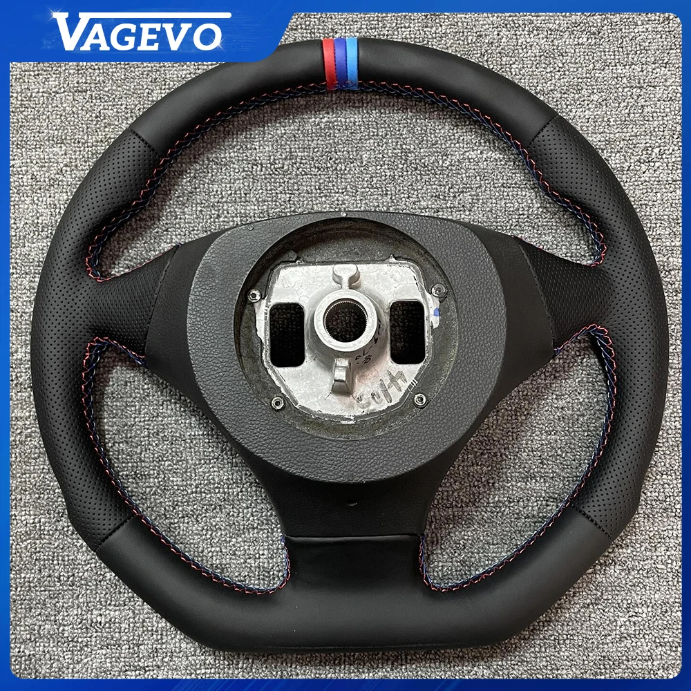 Genuine Leather Steering Wheel For BMW E60 Half Perforated Thread Three Color Logo Flat Bottom Sport Steering Wheel