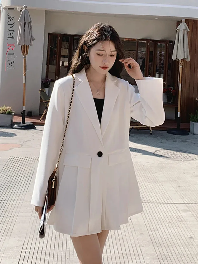 LANMREM Chic Blazers For Women Notched Collar Single Button Stitching Ruffles Coat Office Lady Fashion Clothing 2024 New 2DA3933