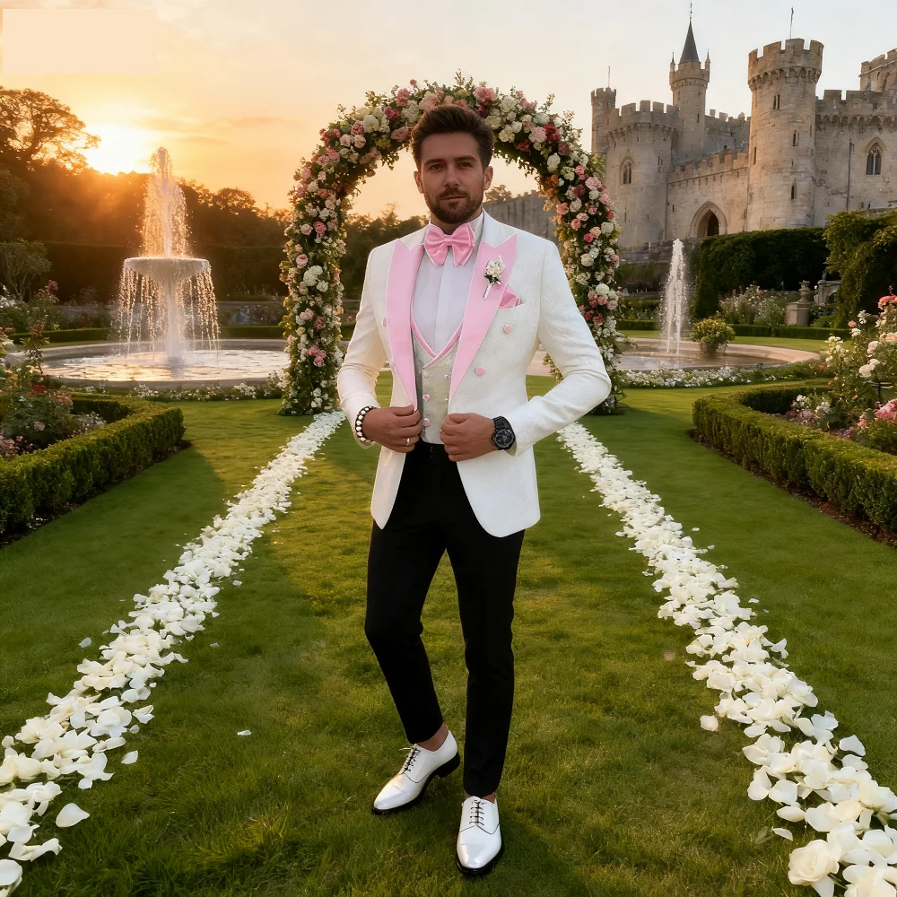 

Floral Wedding Suits for Men Double Breasted Jacket with Vest Pants 3 Pieces Peak Lapel Groom Tuxedo Male Fashion Suit