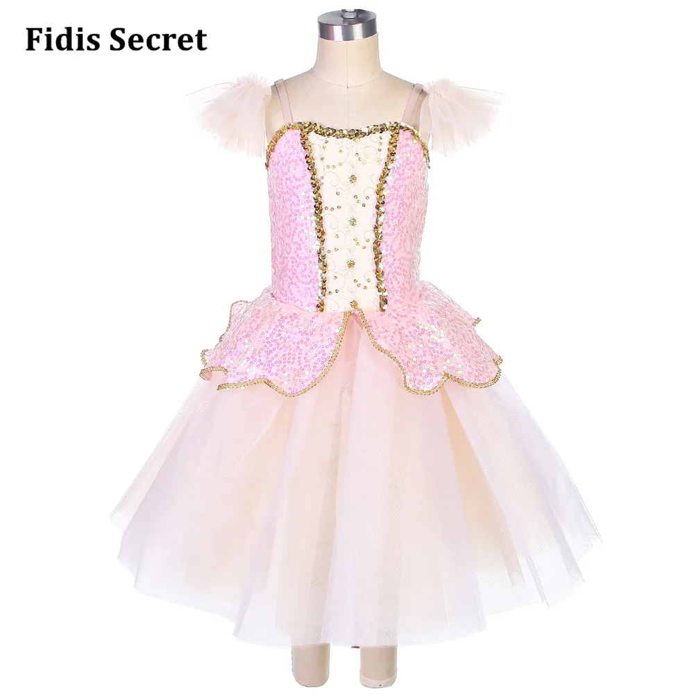 Sleeping Beauty Pink Romantic Ballet Tutu Sequins Stage Wear,Girls Ballerina Flower Fairy Princess Performance Dance Costumes