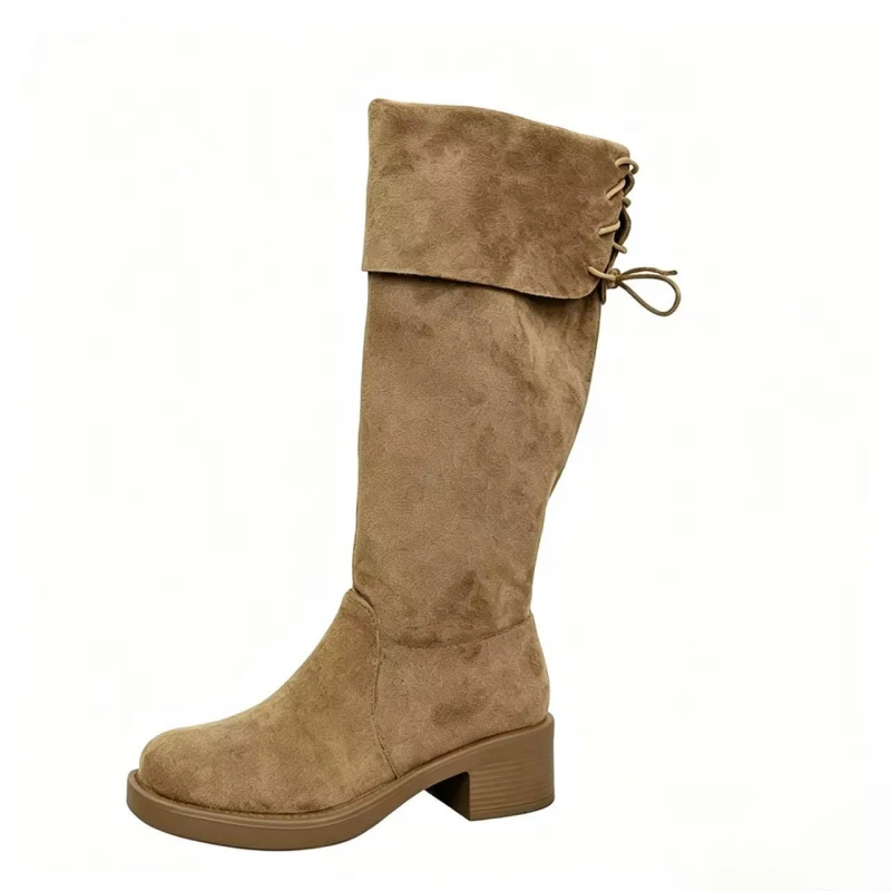 New suede long-thigh boots look skinny, versatile cross-strap block heel 5CM versatile fashion women's boots