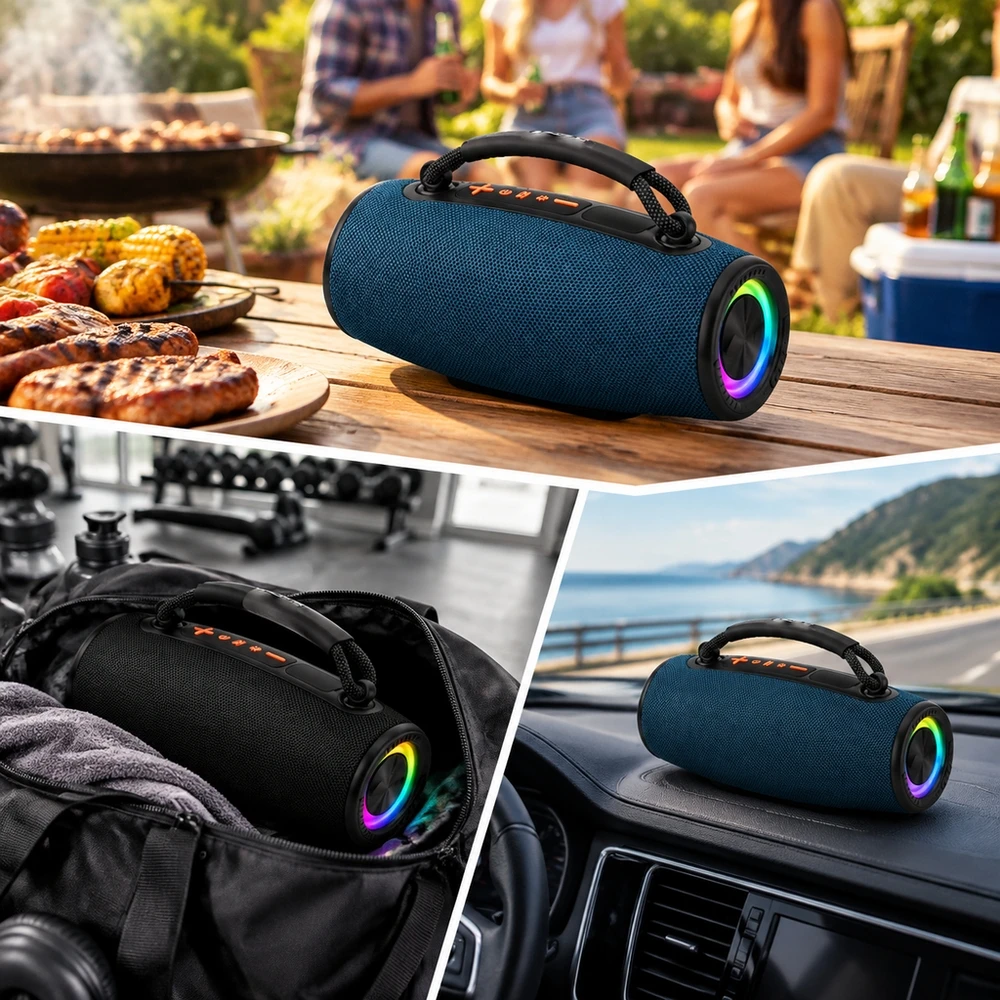 Altavoz Portátil Bluetooth 5.3 de 20W, Parlante Inalámbrico con Luces LED RGB, Función TWS, Reproducción USB y Tarjeta Micro SD, Carga USB-C, Batería 1200mAh, Asa de Transporte, para Exterior, Viaje y Fiesta
