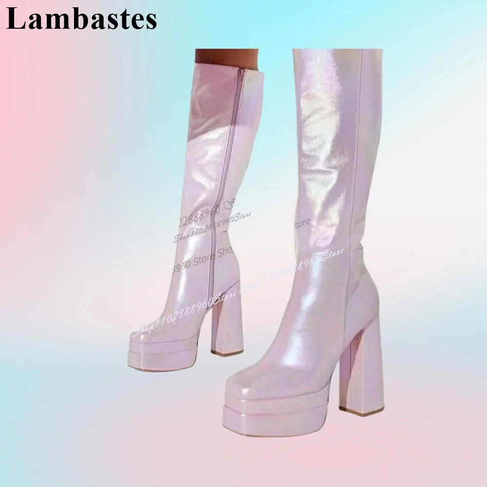 

Elegant Style Metallic Leather Platform Boots Chunky High Heel Women Shoes Side Zipper Square Toe 2023 Fashion Zapatillas Mujer